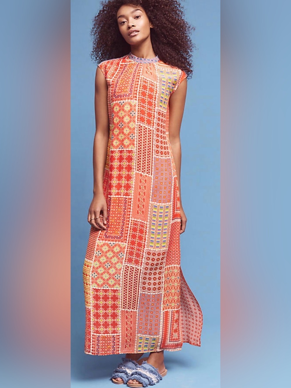 Anthropologie Tanvi Kedia Sleeveless Chiffon Patchwork-Print Midi Dress Size XS